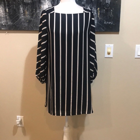 LOFT Black and Tan Striped Dress w/Puffed Side Rounded Hem and Lining-SP - Picture 1 of 7
